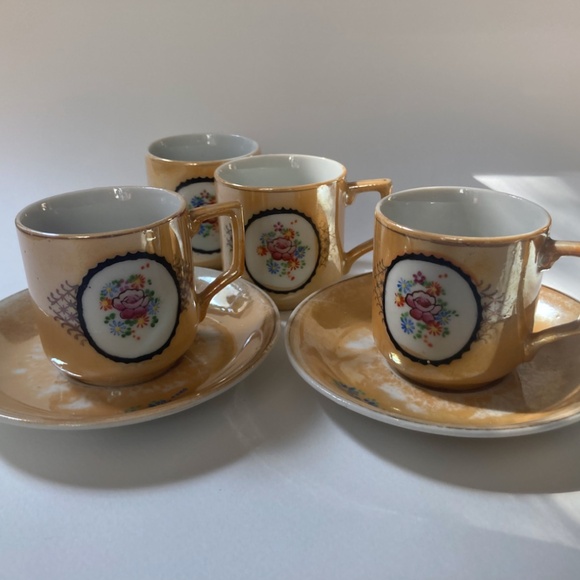 Japanese Orange Porcelain Lustreware 4 Demitasse Cups & 2 Saucers, 1940's - Picture 13 of 13